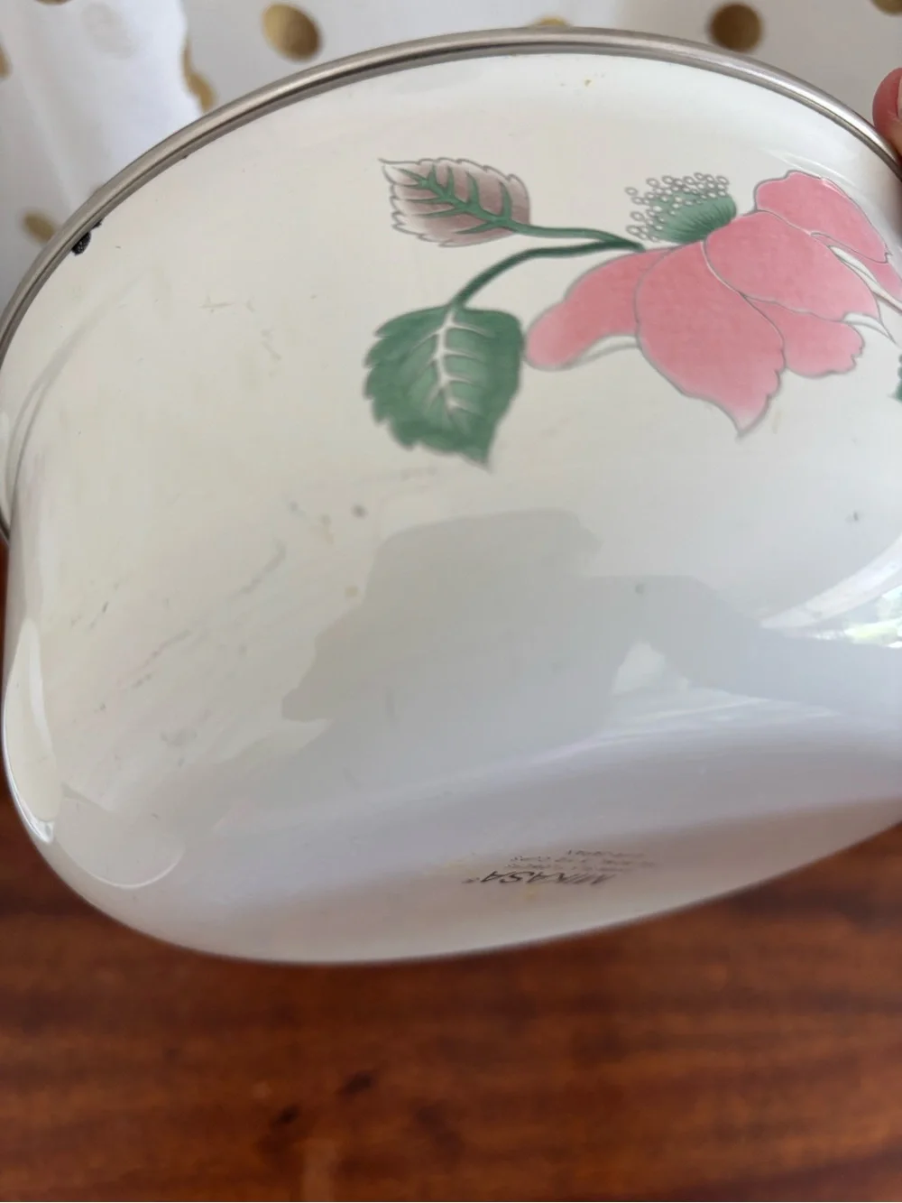 Vintage Mikasa Silk Flowers 3 Piece Metal Nesting Bowls/Lids Pink/Green Floral
